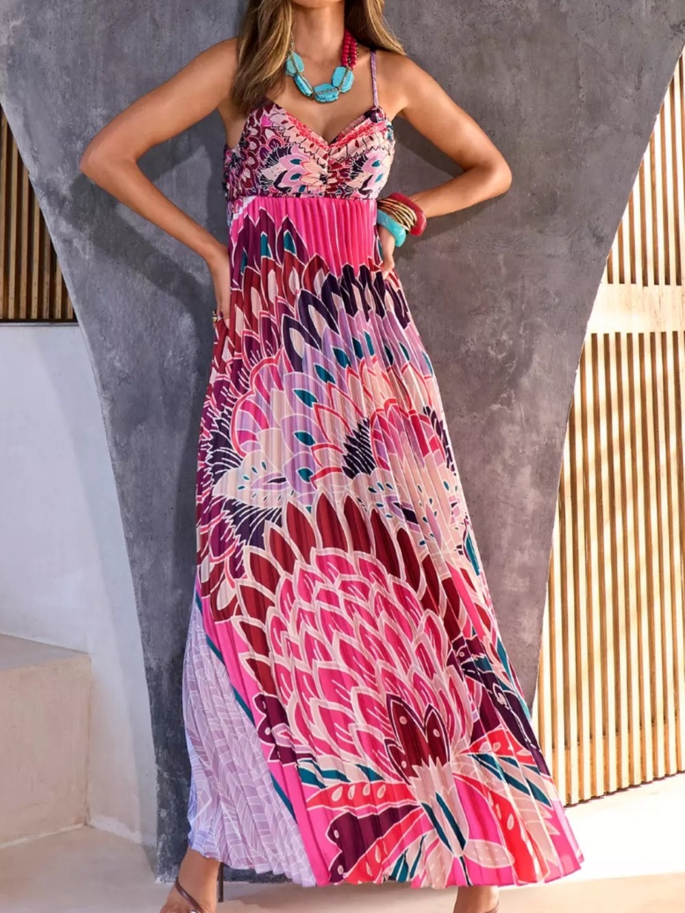 Boston Proper charmeuse Multicolor Floral Pleated Maxi Dress in Pink 10